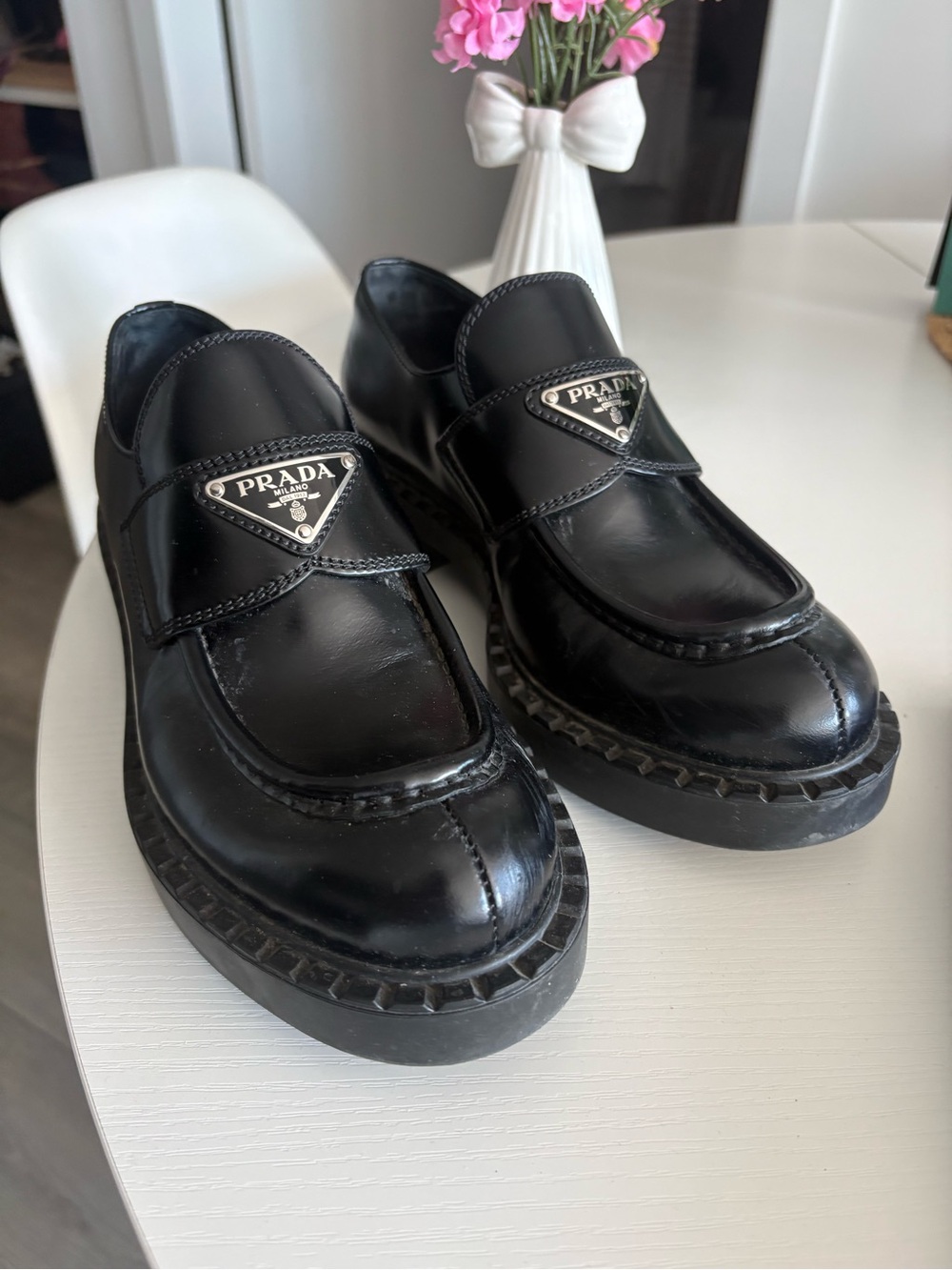 Prada Black Leather Penny Loafers with Silver Triangle Logo - Picture 3 of 12